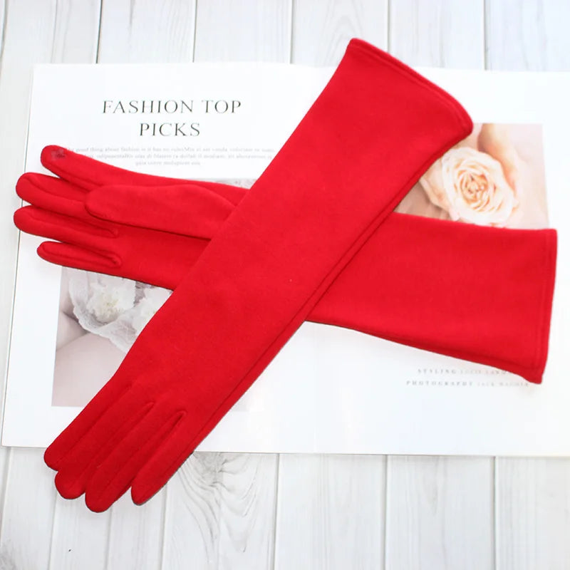 Cotton Long Gloves for Women's Stretch Autumn and Winter Warmth 38cm Windproof and Sun Resistant Knitted Sleeves