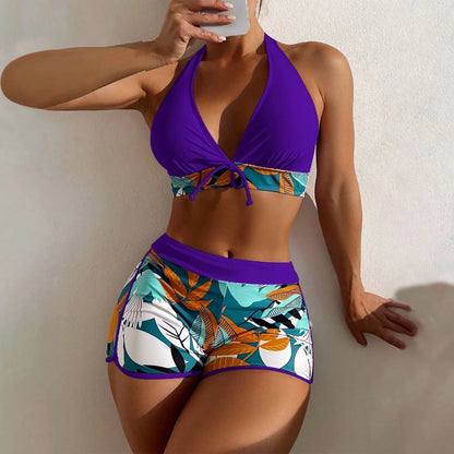 Women's Paneled Printed Swimsuit Ladies Fashion Sexy Split Boxer High Waist Swimsuit Two-Piece Set V-Neck Bathing Suits Female