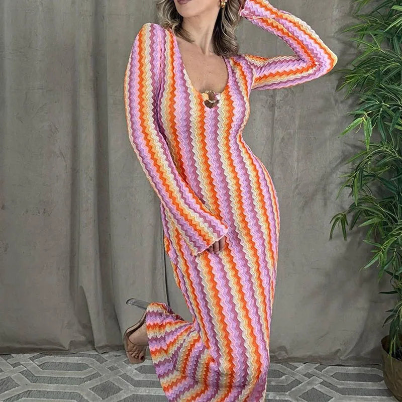 Autumn Colorful Striped Printed Dress Beach Wrap Hip Long Sleeve Party Dress Sexy Lady V Neck High Waist Slim Holiday Dress