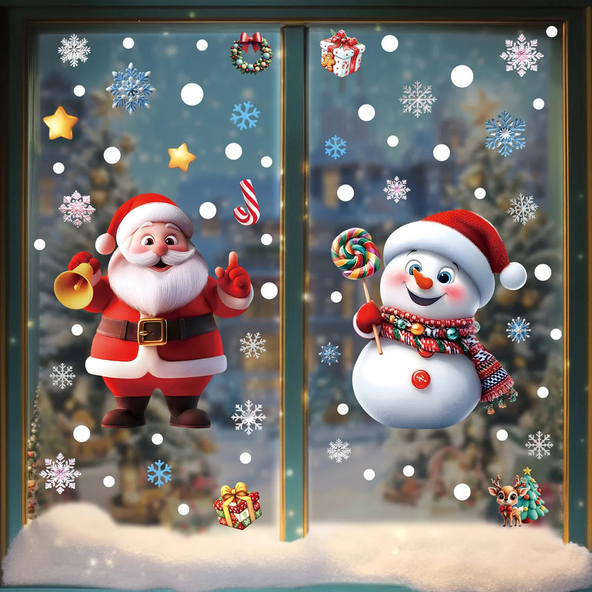 Christmas Window Static Clings Snowman Santa Claus Snowflake Reindeer Cute Xmas Decoration Decal Sticker Home Ornaments Supplies