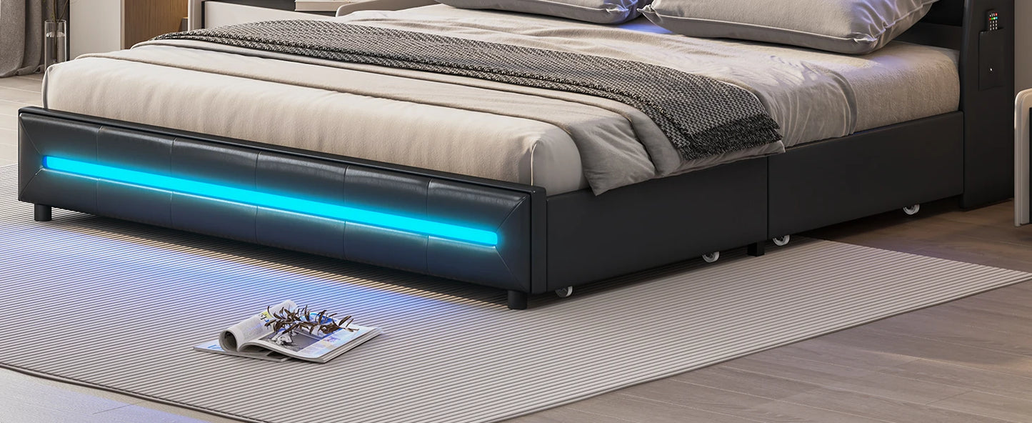 King Size Bed Frame w 4 Storage Drawers,Charging Station and LED Lights,Upholstered Bed Frame w Button Tufted Wingback Headboard