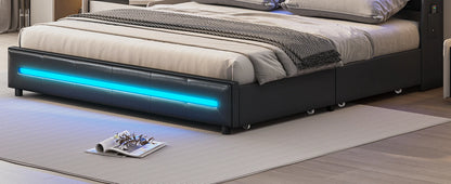 King Size Bed Frame w 4 Storage Drawers,Charging Station and LED Lights,Upholstered Bed Frame w Button Tufted Wingback Headboard