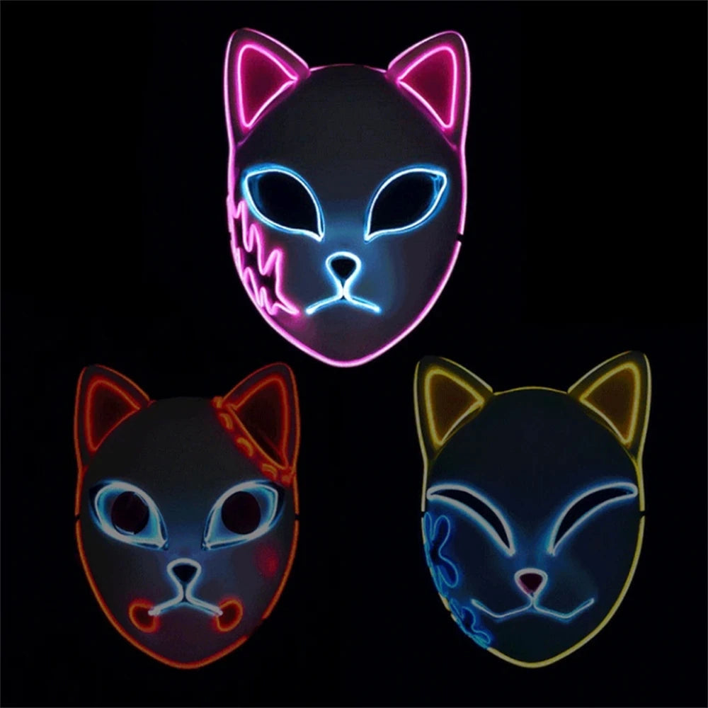 EtherealBe Halloween cat LED face mask available in pink, blue, and yellow glowing designs