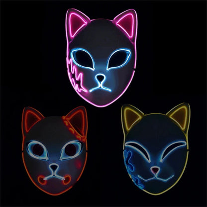 EtherealBe Halloween cat LED face mask available in pink, blue, and yellow glowing designs