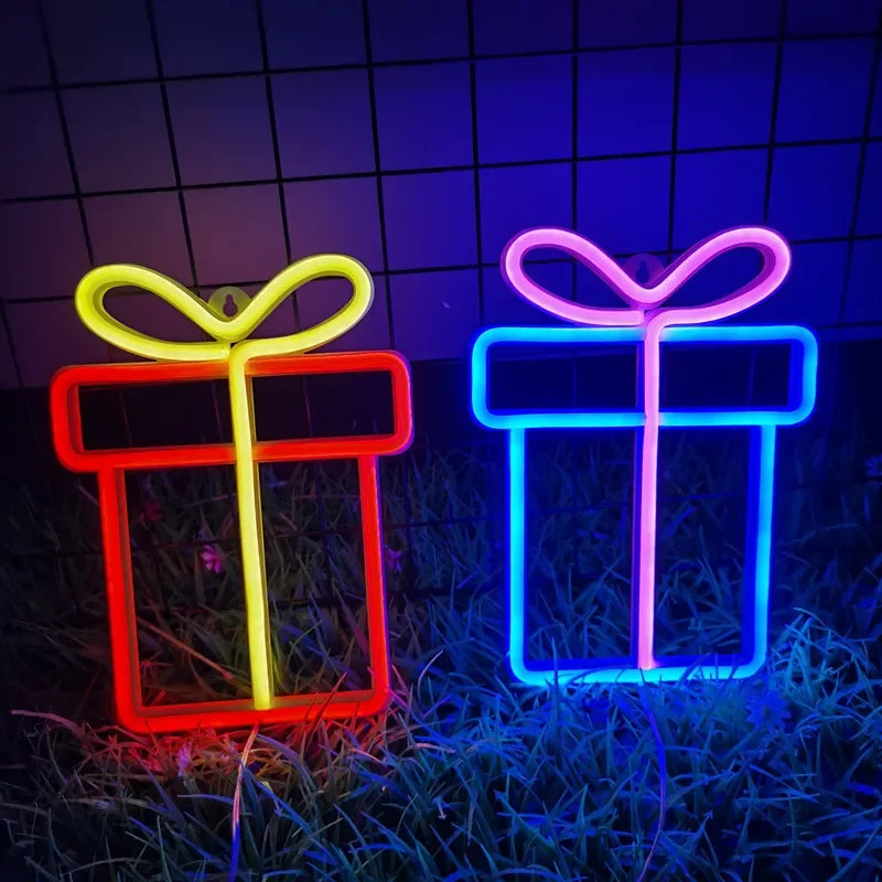 Christmas Gift Box Led Neon Sign Wall Light Santa Claus Coming Bedroom Kids Living Room Bar Party Wedding Decoration Night Lamp