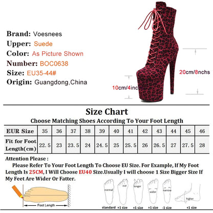 Sexy Fetish Leopard 20cm/8Inch Women's high-heeled Ankle Boots Lace-up Zip Platform Suede Pole Dance Shoes Large Size 44 WESTERN