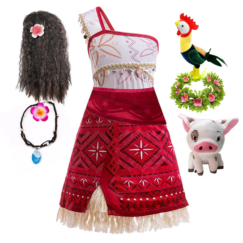 Kids Moana 2 Halloween costume set with dress, wig, accessories, and plush figures for festive celebrations