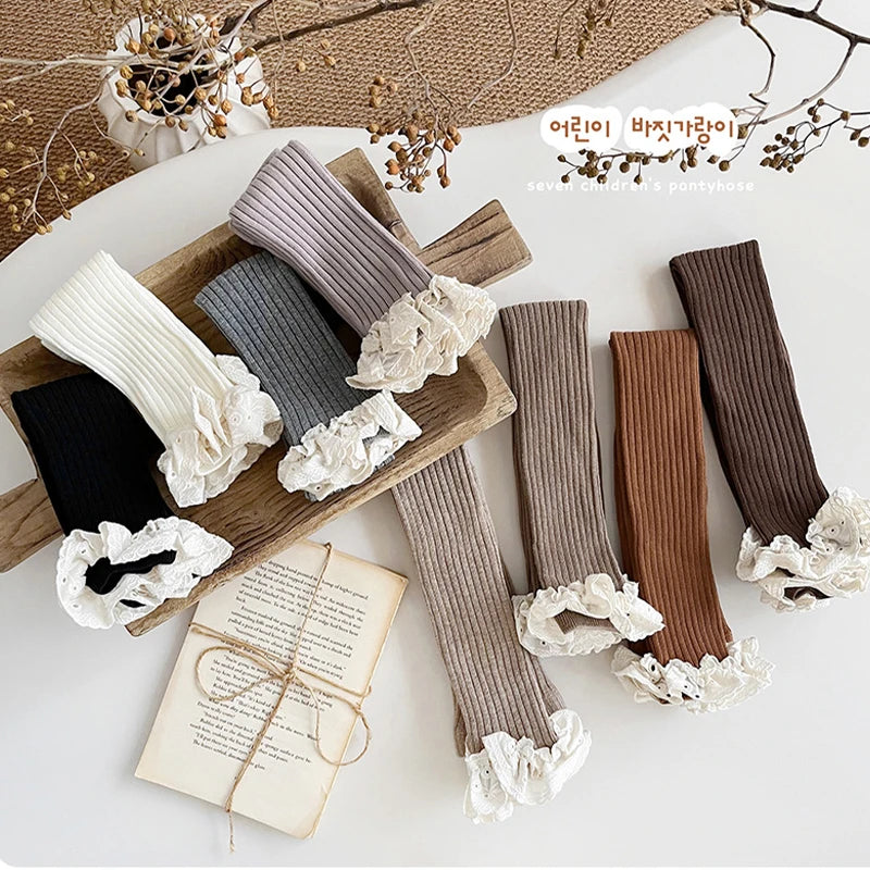 Autumn Baby Girls Leggings Ribbed Pants Cotton Lace Cuff  Toddler Kid Leggings Striped Casual Pants Kids Outfits Trousers