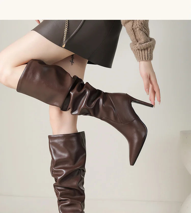 2025 Winter Knee Boots With Heels Woman 10CM Stiletto Fashion Slip on Pointy Autumn Shoes Women Soft Leather Pleated Long Boots