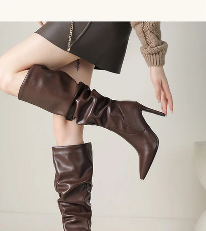 2025 Winter Knee Boots With Heels Woman 10CM Stiletto Fashion Slip on Pointy Autumn Shoes Women Soft Leather Pleated Long Boots