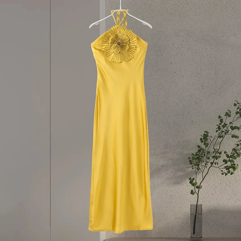 Elegant Party Women's Dress 3D Flower Halter Sleeveless Backless Mermaid Satin Female Dresses 2025 Summer Chic Evening Lady Robe