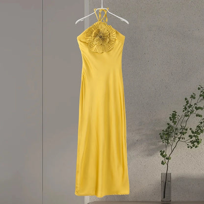 Elegant Party Women's Dress 3D Flower Halter Sleeveless Backless Mermaid Satin Female Dresses 2025 Summer Chic Evening Lady Robe