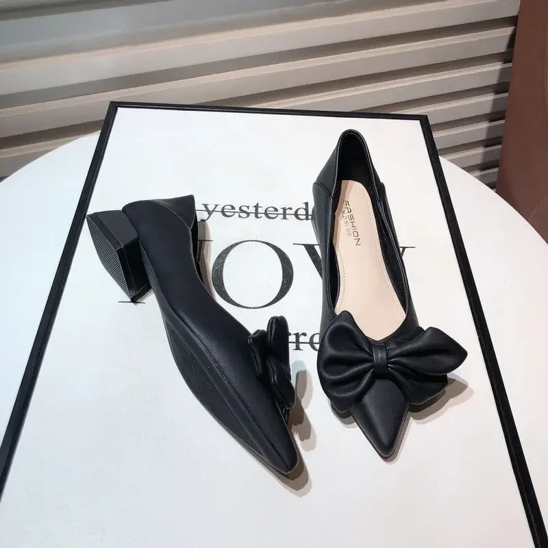 Shoes for Women Low Heel Elegant Woman Pumps Pointed Toe With Bow Fashion Summer 2024 Footwear Discount Shoe Slip On Wholesale