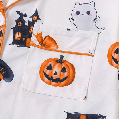 Women Halloween Pajama Set, Pumpkin Print Short Sleeve Button Closure Top with Shorts Sleepwear Loungewear