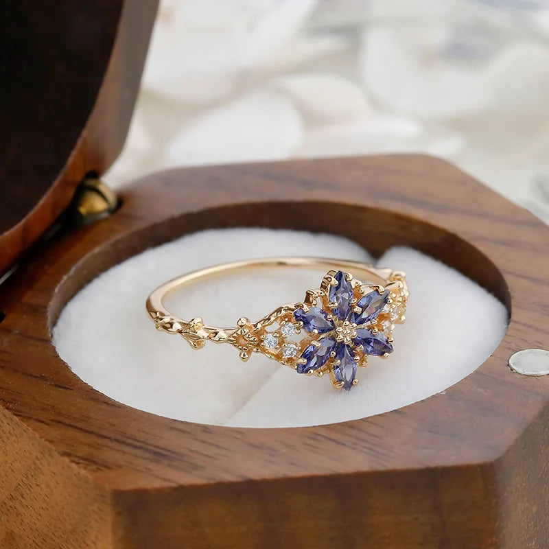 Natrual Moostone Ring For Women Tanzanite Gemstone 925 Sterling Silver Gold Plated Fine Jewelry Romantic Winter Snowflake