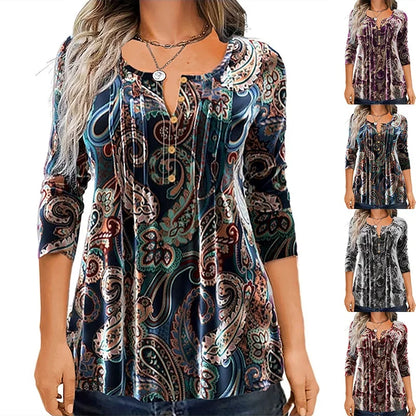Autumn New T-shirt Elegant Fashionable Comfortable Versatile Print Round Neck Gorgeous Pattern Button Long Sleeve Top