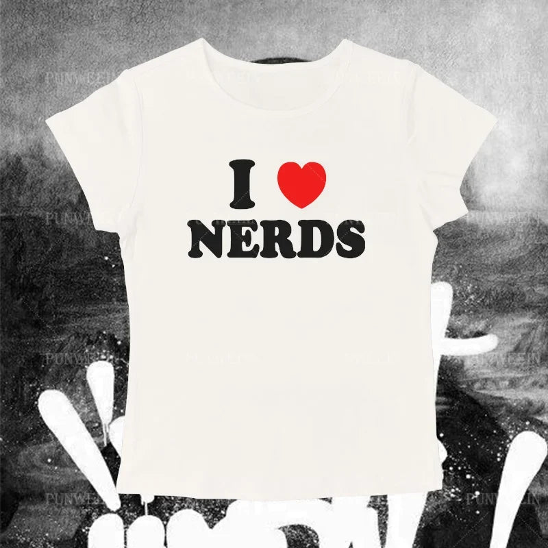 I Love Nerds Letter Goth T-shirt Women Harajuku Short sleeved Tops US Street Sexy Crop Tops Slim Emo Baby Tees Y2K Clothes