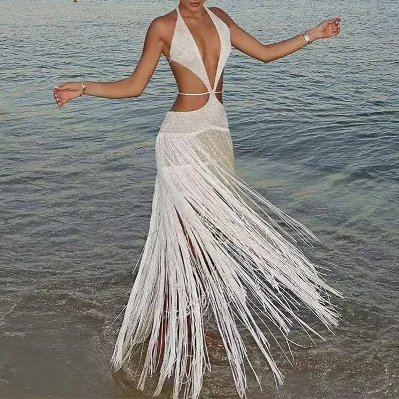 Sexy Hollow Out Halter Tassel Boho Dress Women Spring Solid Backless Lace-up Long Dress Summer Vacation Beach Maxi Dresses Mujer