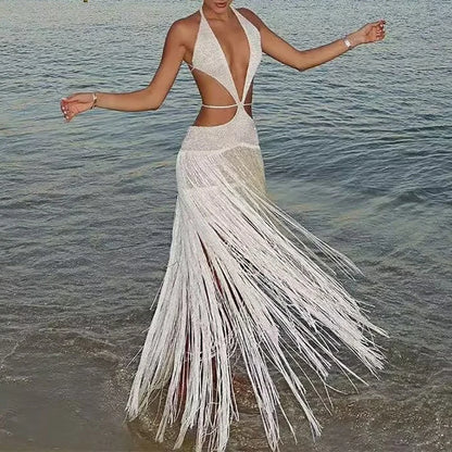 Sexy Hollow Out Halter Tassel Boho Dress Women Spring Solid Backless Lace-up Long Dress Summer Vacation Beach Maxi Dresses Mujer