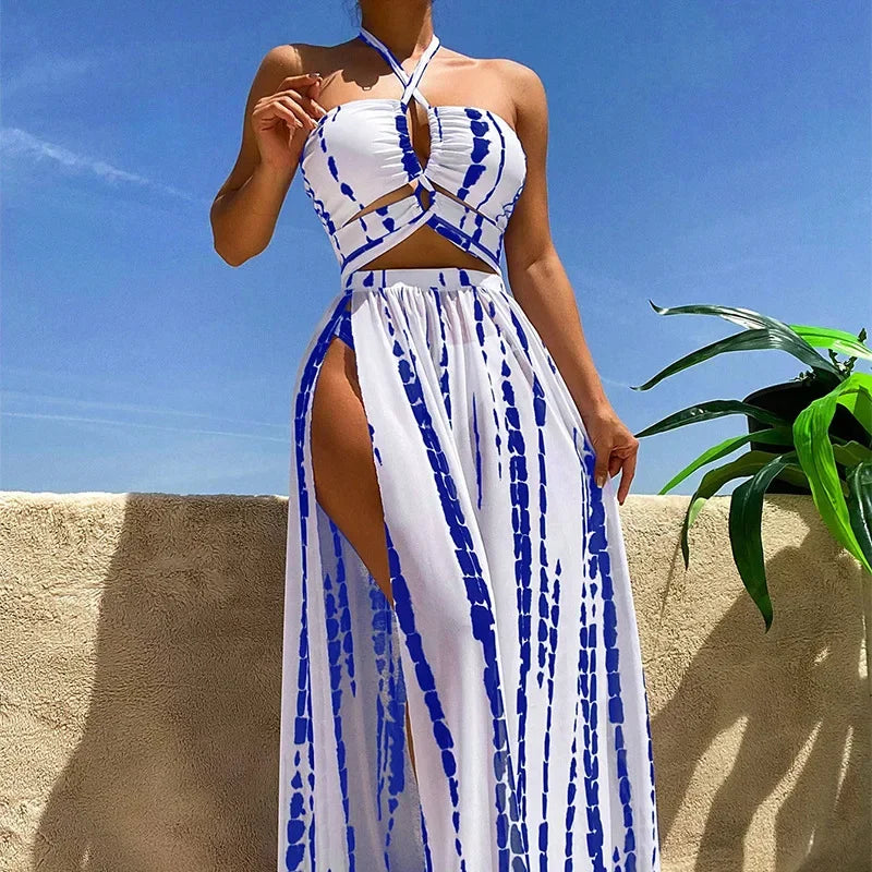 3 Pieces Swimsuit Women Tie Dye Print Swimwear Sexy Halter Bandage Bikini Set&Side Split Dress Cover-Up Beachwear Bathing Suits