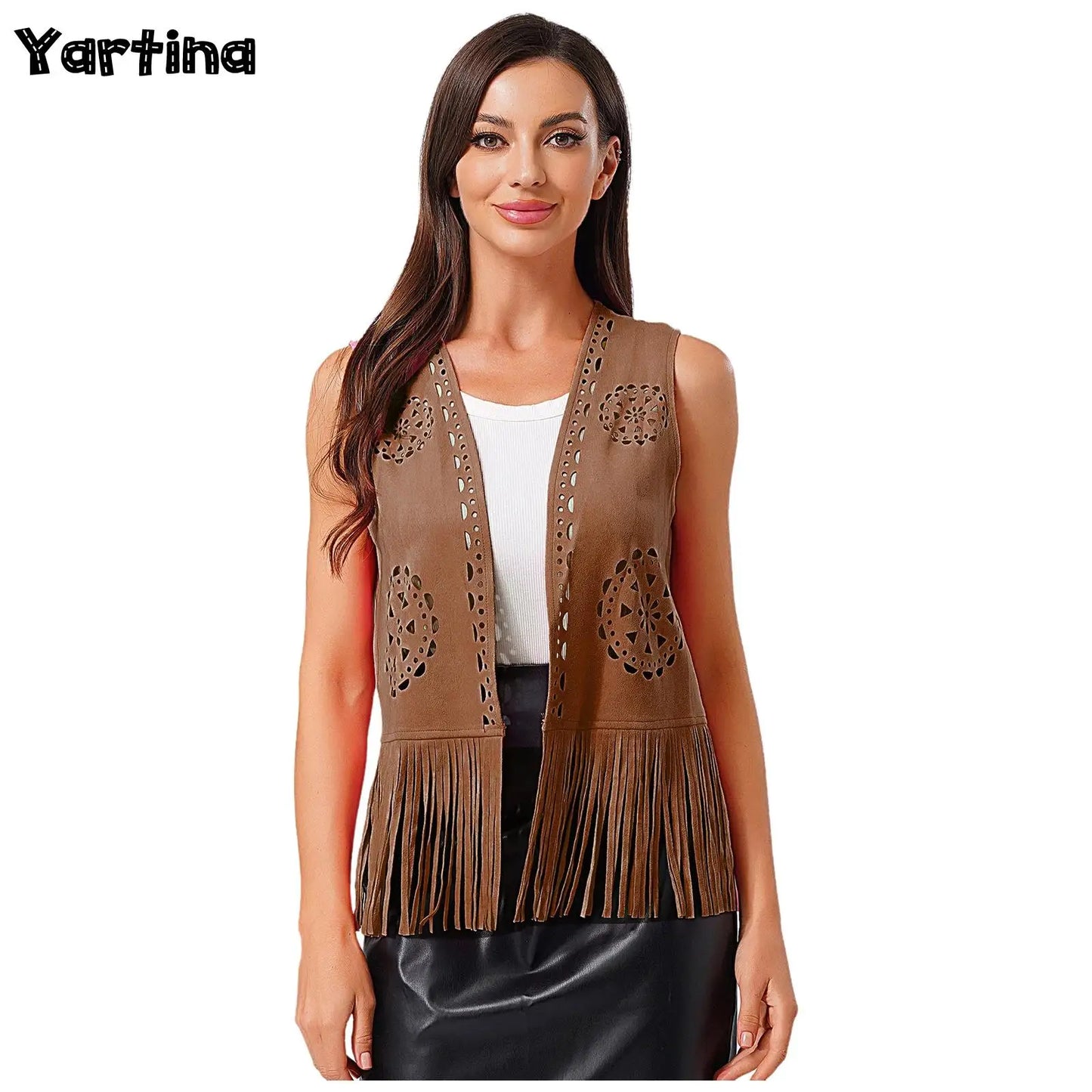 Womens Western Cowgirl Hippy Cosplay Costume Vintage Hollow Out Tassel Tank Tops Fringe Vest 70s Disco Faux Suede Waistcoat
