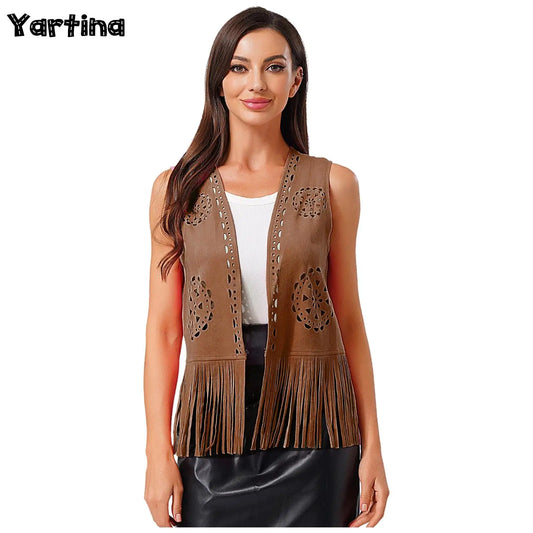 Womens Western Cowgirl Hippy Cosplay Costume Vintage Hollow Out Tassel Tank Tops Fringe Vest 70s Disco Faux Suede Waistcoat