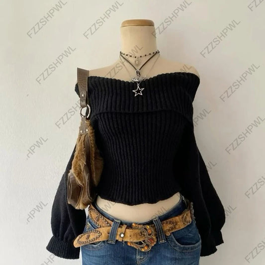 NEW Fall Winter Sweater Casual Slim Fit Chic Solid Color Ribbon Decoration One-shoulder Pullover Y2K Harajuku Womens Streetwear