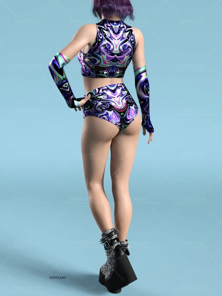 Adult Sleeveless Multicolor Role Play Bodysuit Swimsuit Women Sexy Hollow Off Shoulder Graffiti Art Bodycon Performance Costume