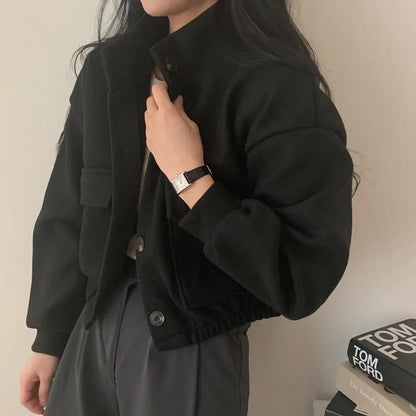 Autumn and Winter Loose Wool Coat for Women's Pocket Stand Collar Top Long Sleeve Button Hong Kong Style Wool Coat