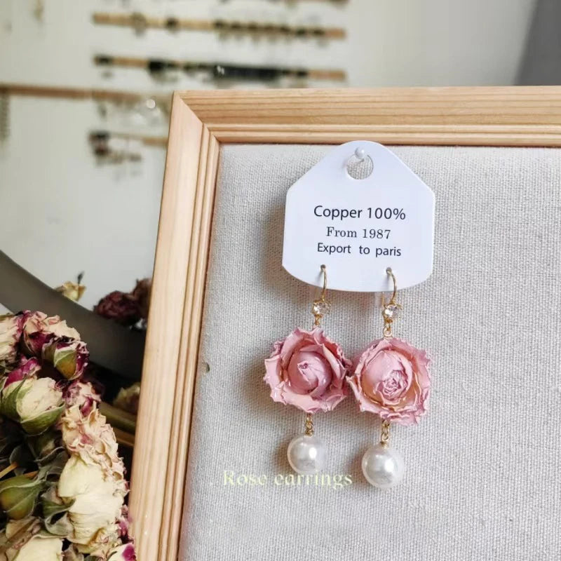Unique Immortal Flower Earrings Elegant Natural Flower Pearl Drop Earrings Statement Jewelry Epoxy Resin Real Rose Earring 2024