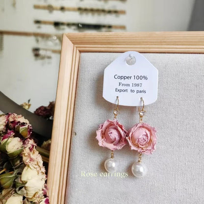 Unique Immortal Flower Earrings Elegant Natural Flower Pearl Drop Earrings Statement Jewelry Epoxy Resin Real Rose Earring 2024