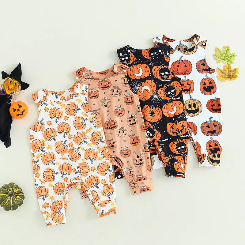 2023-06-25 Lioraitiin 0-18M Baby Girls Boys Rompers Halloween Clothes Pumpkin Print Crew Neck Sleeveless Newborn Jumpsuits