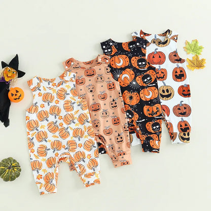 2023-06-25 Lioraitiin 0-18M Baby Girls Boys Rompers Halloween Clothes Pumpkin Print Crew Neck Sleeveless Newborn Jumpsuits