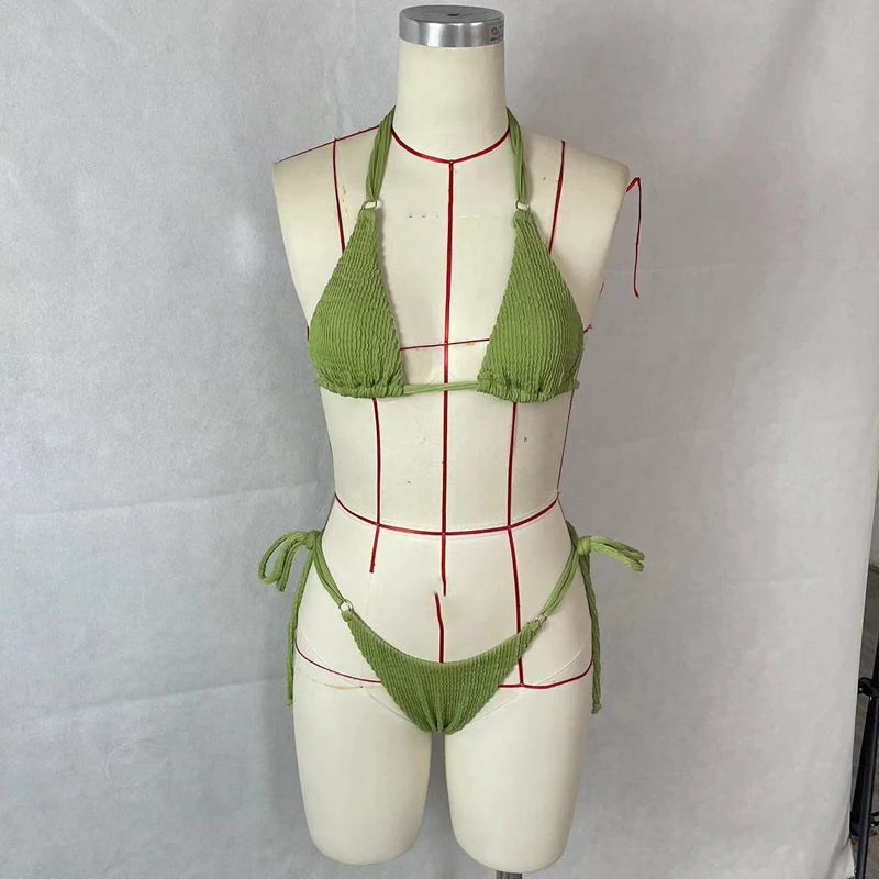 BEACHCICI Women's Bikini Three Piece Sexy Solid Halterneck Hollow Out Lace Up Mesh Cloth Tie Up Slim Beach Holiday Swimsuit