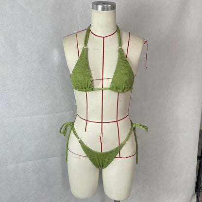 BEACHCICI Women's Bikini Three Piece Sexy Solid Halterneck Hollow Out Lace Up Mesh Cloth Tie Up Slim Beach Holiday Swimsuit