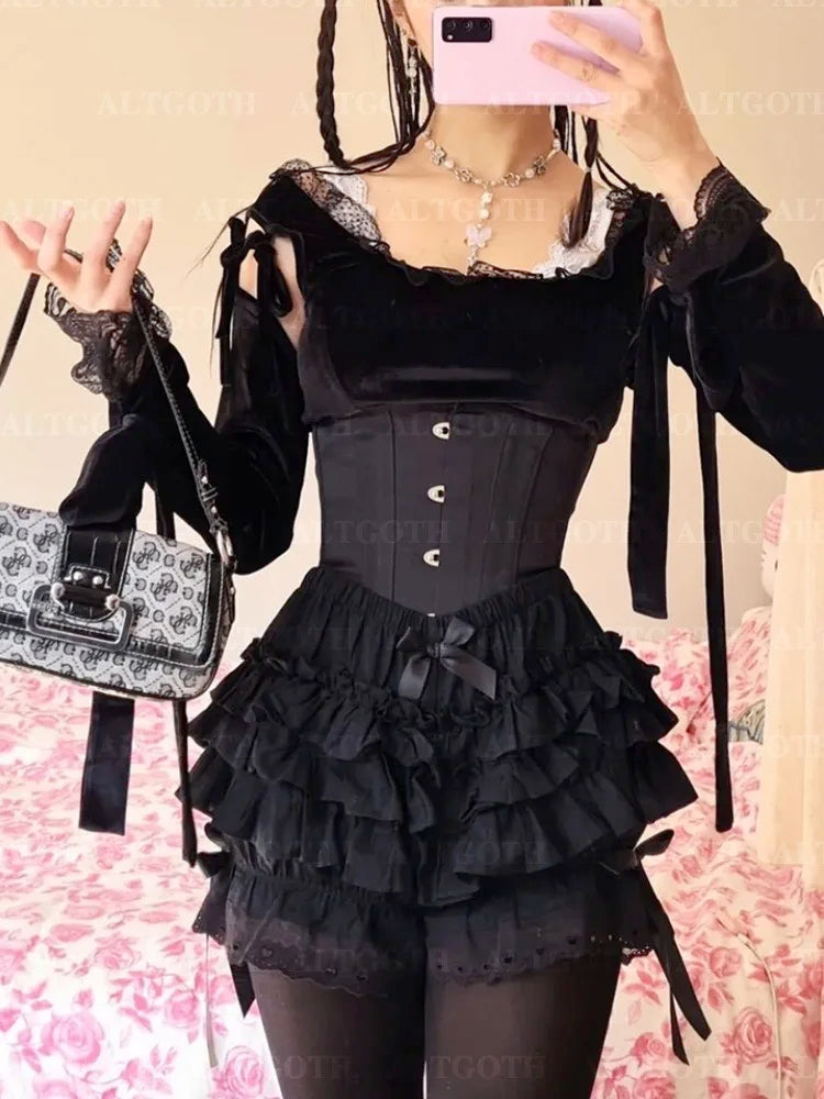 AltGoth Cute Jk Lolita Skirt Shorts Women Mall Goth Fairycore Grunge Streetwear Kawaii Bow Patchwork Cosplay Skirt Shorts Female