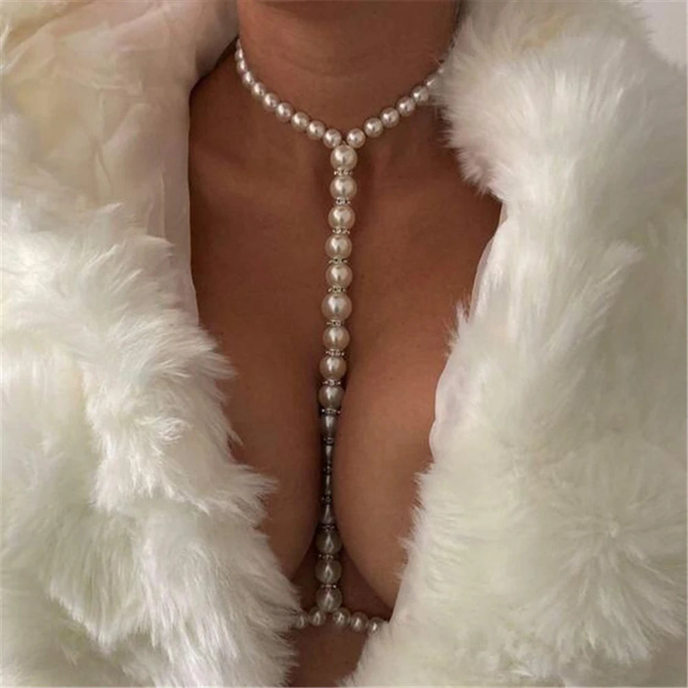 Stonefans Fashion Pearl Body Chain Bra Necklace Harness for Women Summer Sexy Bikini Crystal Belly Waist Chain Beach Jewelry