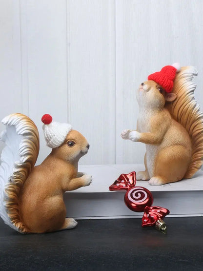 1 set of Christmas squirrels holding gifts and holiday decorations