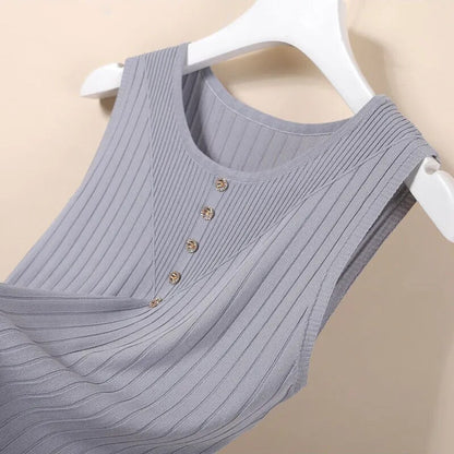 Inner Ice Silk Bottoming Tops for Women Casual Camisole for Summer Vest 2022 New O-neck Button Solid Sleeveless Knitted Tanks