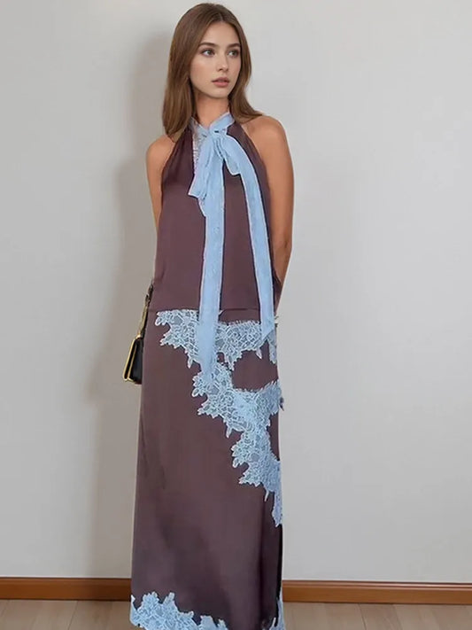 Contrast Patchwork Lace Maxi Skirt Suit Women Satin V-neck Sleeveless Skirts Suits 2025 Lady Summer Casual Daily 2 Pieces Set