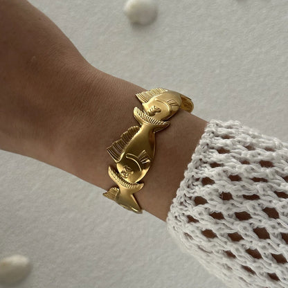 Exaggerated Metal Shell Starfish Flower Bangles Bracelets For Women Men Stainless Steel Fish Bow Heart Open Cuff Bangle Jewelry