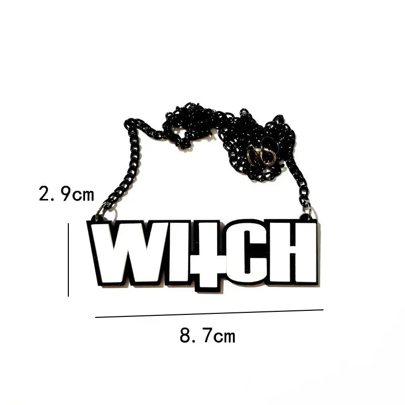 EtherealBe Halloween black letter necklace featuring bold black and white design spelling WITCH