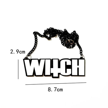EtherealBe Halloween black letter necklace featuring bold black and white design spelling WITCH