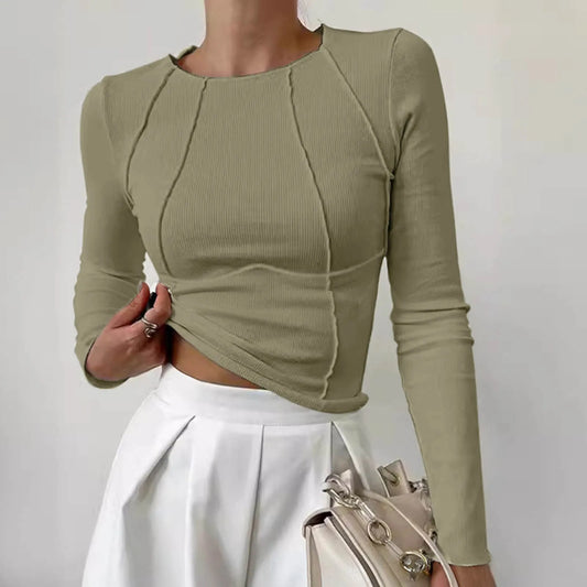 Women's Fall Long Sleeve Top Rib Knit Cropped Casual Crew Neck Slim Fit Exposed Seams Summer Commuting Tight Long Sleeve Shirt