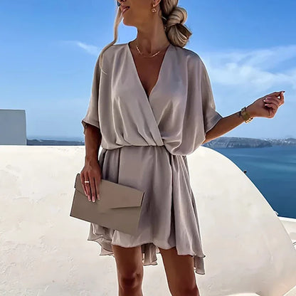 Sexy V Neck Dresses For Women Elegant Short Sleeve Solid A-line Loose Mini Dress Women Casual Beach Party Dress Boho 2022