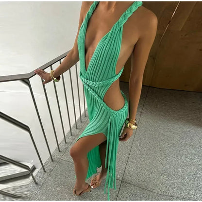Sexy Knit High Slit Backless Long Dress Women Green Ribbed Hollow V-neck Dresses Female 2025 Summer Lady Beach Party Robes New