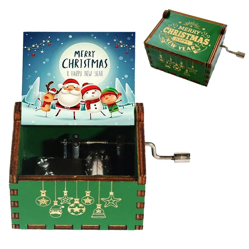 Merry Christmas Music Box Wooden Antique Carved Hand Cranked Classic Theme Music for Birthday Party Gifts Family Decoration