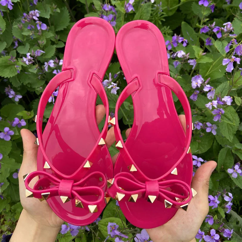 Slippers Hot Sale Fashion Women Flip Flops Summer Shoe Cool Beach Rivet Big Bow Flat Sandals Jelly Shoes Sandal Girls Size 36-42