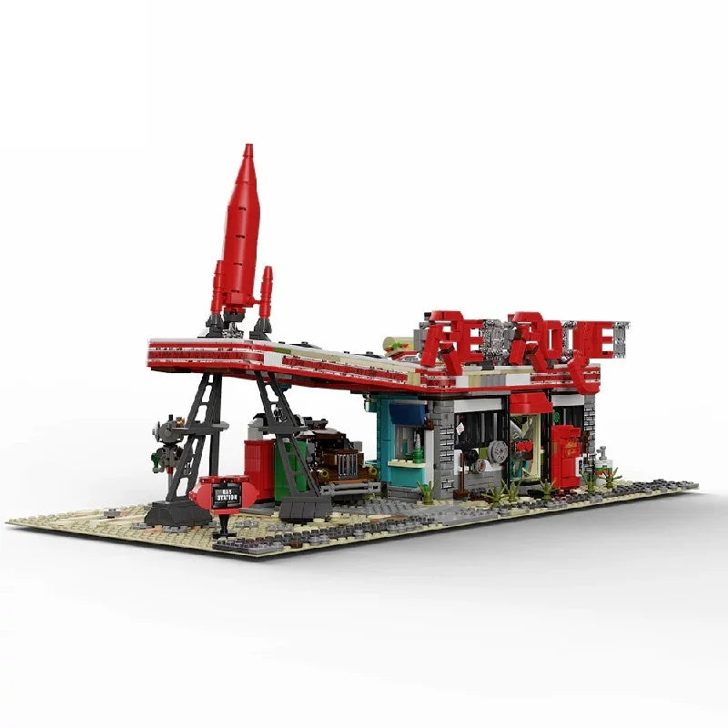 Movie Game Red Abandoned Gas Station Architecture Doomsday MOC House Modular Building Blocks Model Kit Adult Kid Gift 2221PCS