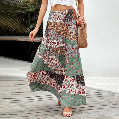 Women Skirts New Fashion All-Match Skirt Loose Elastic Waist Floral Print Ethenic Style Boho Skirt Bohemian Vintage Skirt